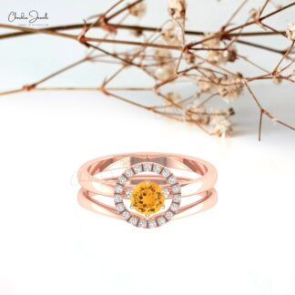 Halo Diamond Stack Band In Pure 14k Gold Citrine 5mm Round Solitaire Rings For Women