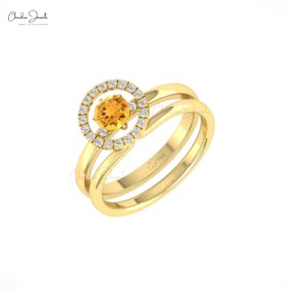 Halo Diamond Stack Band In Pure 14k Gold Citrine 5mm Round Solitaire Rings For Women