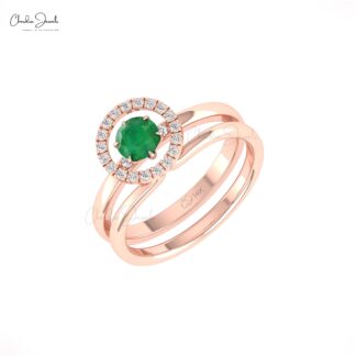 Diamond Circle Wedding Ring In Real 14k Gold Emerald 0.45 Ct Gemstone Rings For Women