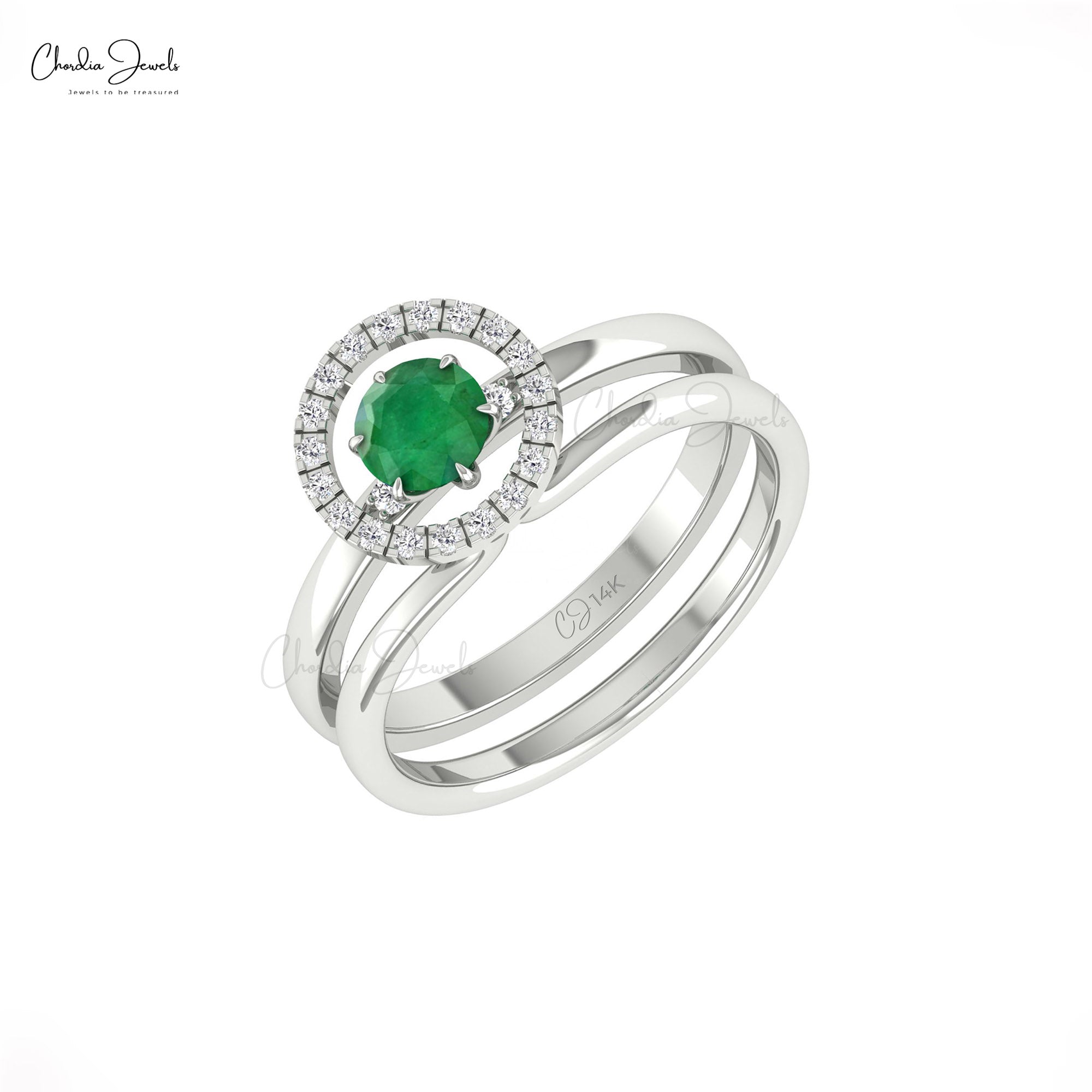 Diamond Circle Wedding Ring In Real 14k Gold Emerald 0.45 Ct Gemstone Rings For Women