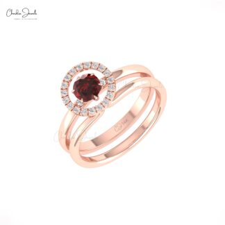 Double Stack Diamond Band In 14k Solid Gold Red Garnet 5mm Round Cut Halo Bridal Rings