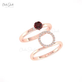 Double Stack Diamond Band In 14k Solid Gold Red Garnet 5mm Round Cut Halo Bridal Rings
