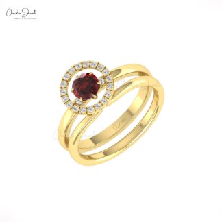 Double Stack Diamond Band In 14k Solid Gold Red Garnet 5mm Round Cut Halo Bridal Rings