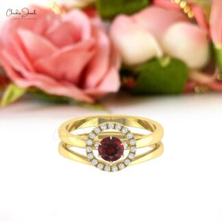Double Stack Diamond Band In 14k Solid Gold Red Garnet 5mm Round Cut Halo Bridal Rings