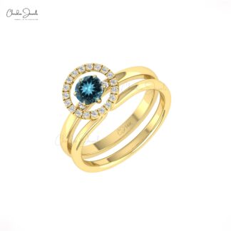 Solitaire Detchable Band In Pure 14k Gold London Blue Topaz Halo Diamond Anniversary Ring