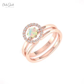 Dual Birthstone Halo Ring With 0.45 Ct Fire Opal And Diamond 14k Solid Gold Stack Bands