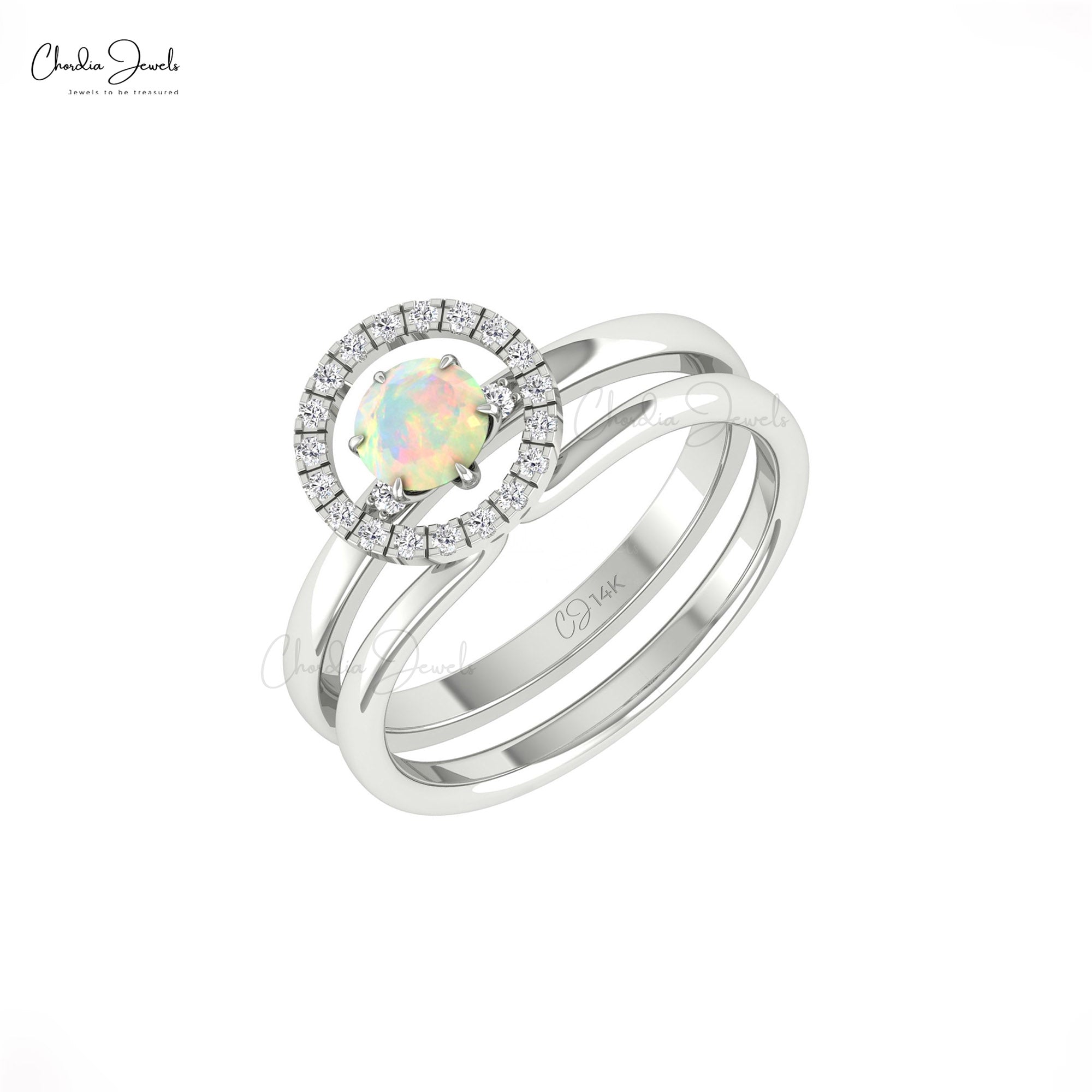 Dual Birthstone Halo Ring With 0.45 Ct Fire Opal And Diamond 14k Solid Gold Stack Bands