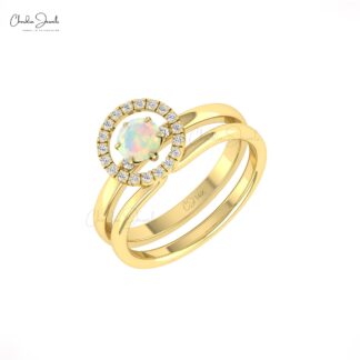 Dual Birthstone Halo Ring With 0.45 Ct Fire Opal And Diamond 14k Solid Gold Stack Bands