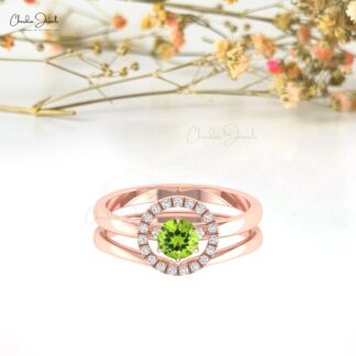 Stackable Wedding Two Band In Real 14k Gold Peridot 5mm Gemstone Halo Diamond Bridal Rings