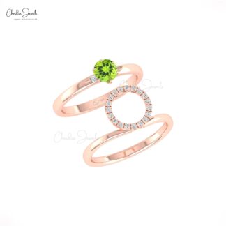 Stackable Wedding Two Band In Real 14k Gold Peridot 5mm Gemstone Halo Diamond Bridal Rings