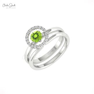 Stackable Wedding Two Band In Real 14k Gold Peridot 5mm Gemstone Halo Diamond Bridal Rings