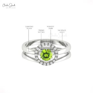 Stackable Wedding Two Band In Real 14k Gold Peridot 5mm Gemstone Halo Diamond Bridal Rings