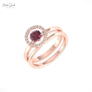 Detachable Wedding Ring With 0.45 Ct Rhodolite Garnet Halo Diamond 14k Real Gold Fine Ring