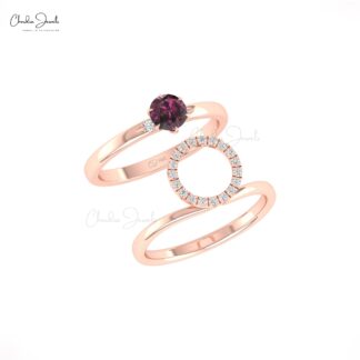 Detachable Wedding Ring With 0.45 Ct Rhodolite Garnet Halo Diamond 14k Real Gold Fine Ring