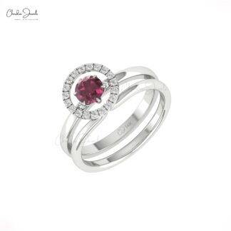 Detachable Wedding Ring With 0.45 Ct Rhodolite Garnet Halo Diamond 14k Real Gold Fine Ring