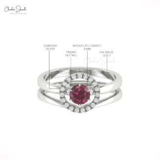 Detachable Wedding Ring With 0.45 Ct Rhodolite Garnet Halo Diamond 14k Real Gold Fine Ring