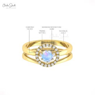 Daimond Stacking Two Band In 14k Real Gold Rainbow Moonstone 5mm Round Halo Ring