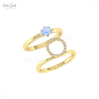 Daimond Stacking Two Band In 14k Real Gold Rainbow Moonstone 5mm Round Halo Ring
