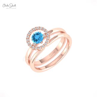 Pure 14k Gold Halo Bridal Ring With 0.45 Ct Swiss Blue Topaz Diamond Stack Rings For Her