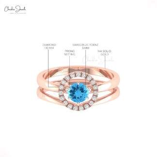 Pure 14k Gold Halo Bridal Ring With 0.45 Ct Swiss Blue Topaz Diamond Stack Rings For Her