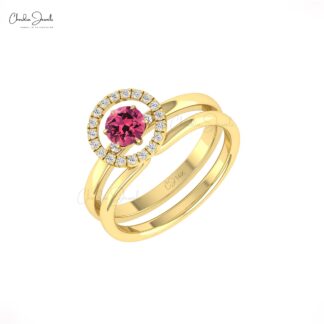 AAA Pink Tourmaline Solitaire Ring With Diamond Circle 14k Solid Gold Stackable Rings