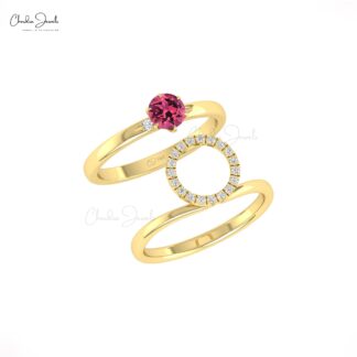 AAA Pink Tourmaline Solitaire Ring With Diamond Circle 14k Solid Gold Stackable Rings