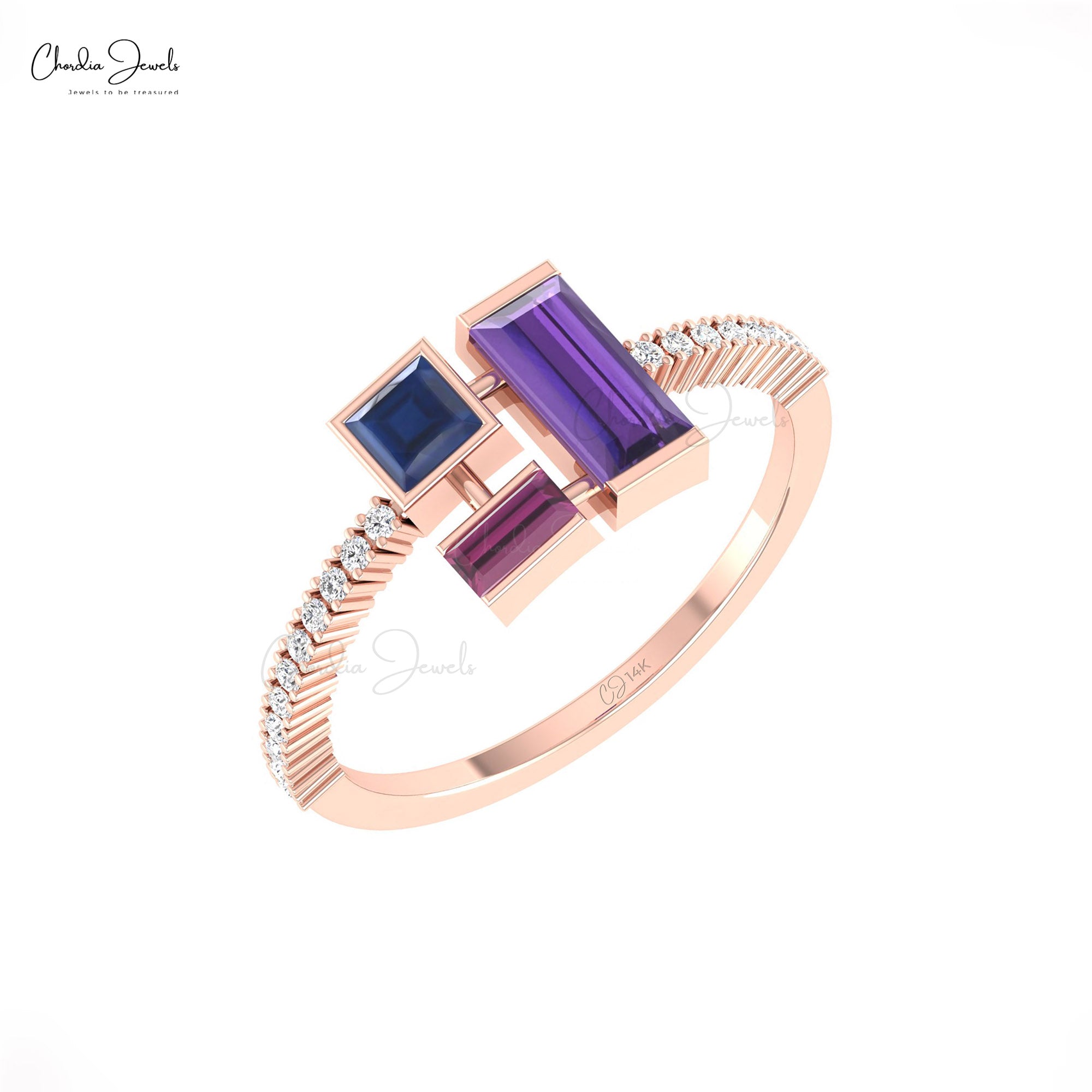 Multi Stone Cluster Ring In 14k Gold Amethyst Rhodolite Garnet And Sapphire Diamond Ring