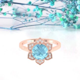 Flower Lotus Diamond Ring In 14k Pure Gold Aquamarine 8mm Round Halo Women Rings