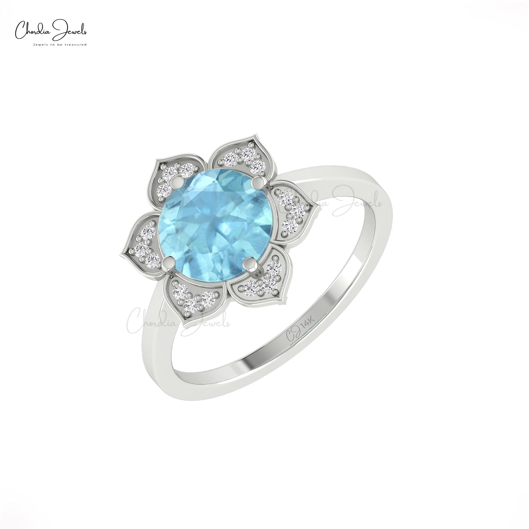Flower Lotus Diamond Ring In 14k Pure Gold Aquamarine 8mm Round Halo Women Rings