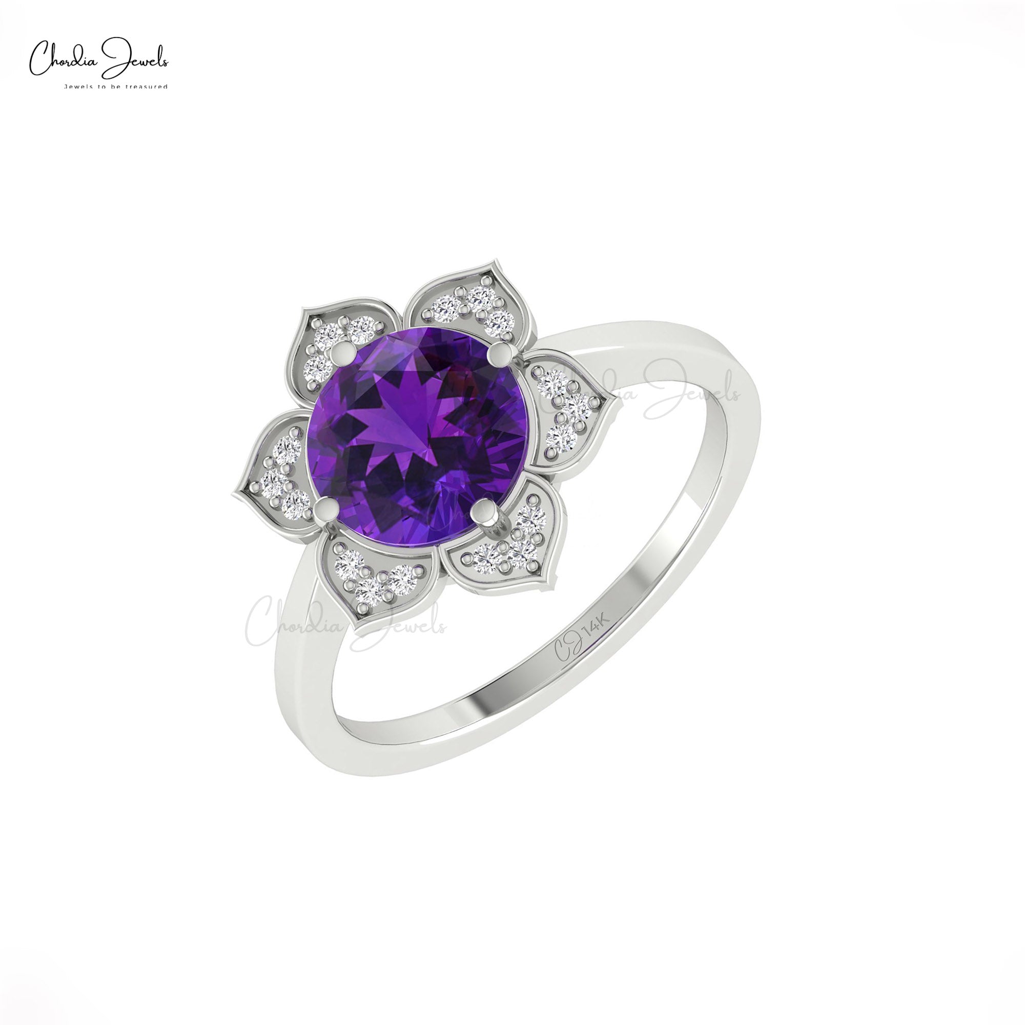 Halo Engagement Ring With 1.5 Ct Amethyst And Diamond 14k Real Gold Blossom Rings