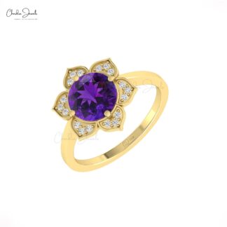 Halo Engagement Ring With 1.5 Ct Amethyst And Diamond 14k Real Gold Blossom Rings