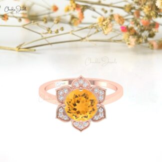Bloom Floral Promise Ring With 1.5 Ct Round Citrine Pave Diamond Halo Ring In 14k Gold