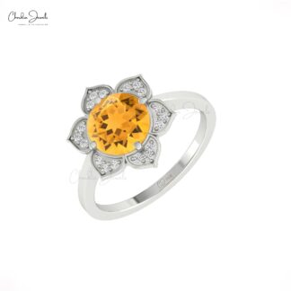 Bloom Floral Promise Ring With 1.5 Ct Round Citrine Pave Diamond Halo Ring In 14k Gold