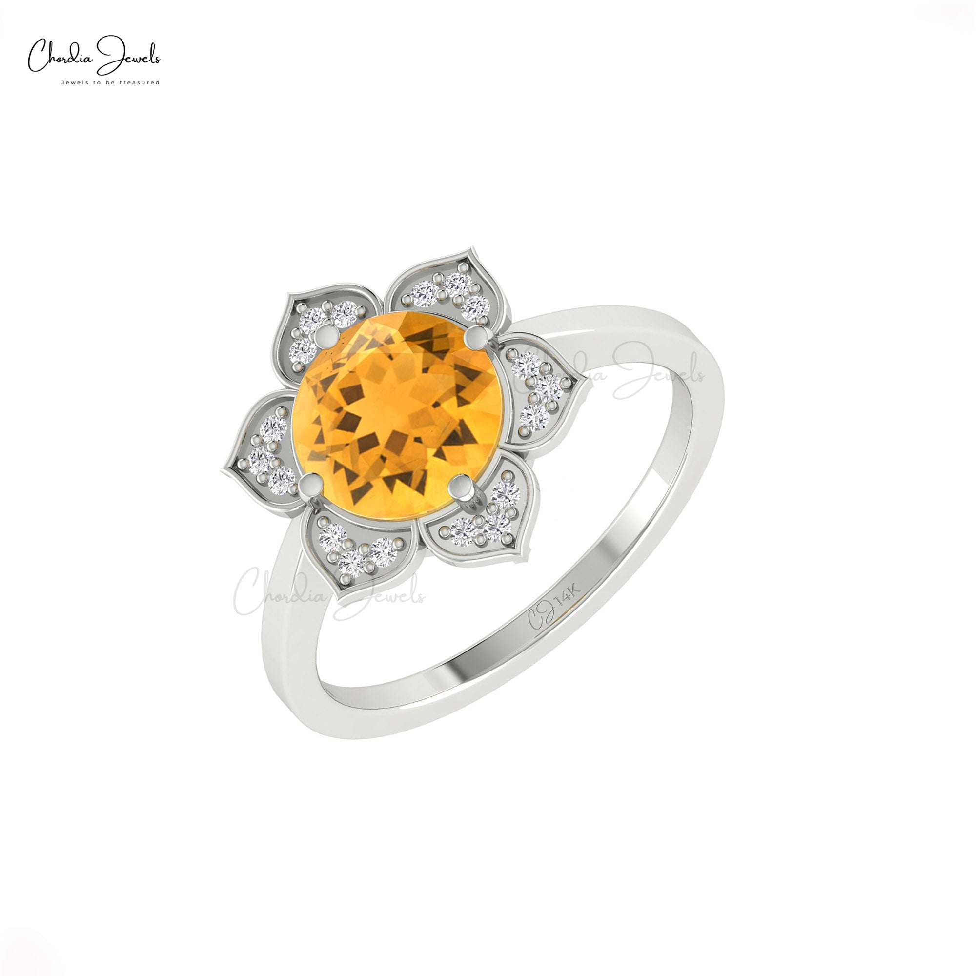 Bloom Floral Promise Ring With 1.5 Ct Round Citrine Pave Diamond Halo Ring In 14k Gold