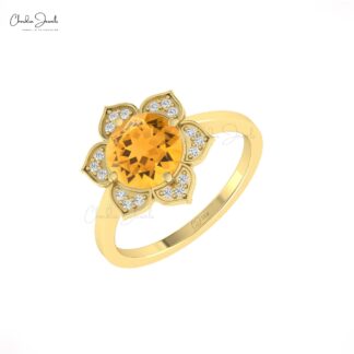 Bloom Floral Promise Ring With 1.5 Ct Round Citrine Pave Diamond Halo Ring In 14k Gold