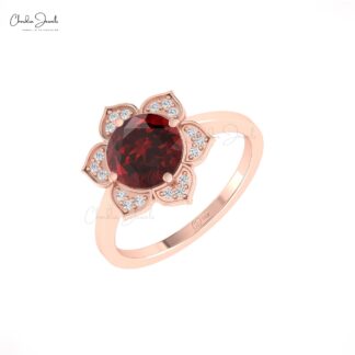 Diamond Floral Daisy Ring In Solid 14k Gold Red Garnet 8mm Round Cut Halo Rings For Her