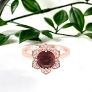 Diamond Floral Daisy Ring In Solid 14k Gold Red Garnet 8mm Round Cut Halo Rings For Her
