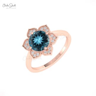 Daisy Lotus Diamond Ring In Solid 14k Gold London Blue Topaz 8mm Gemstone Rings For Her