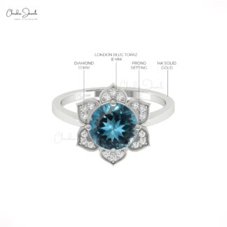 Daisy Lotus Diamond Ring In Solid 14k Gold London Blue Topaz 8mm Gemstone Rings For Her
