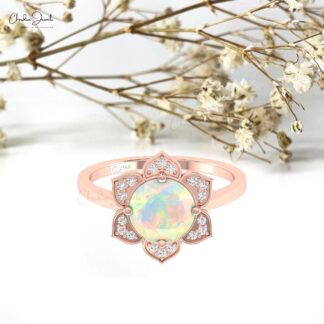 Round Fire Opal Floral Ring In Solid 14k Gold Diamond And 8mm Gemstone Blossom Rings