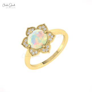 Round Fire Opal Floral Ring In Solid 14k Gold Diamond And 8mm Gemstone Blossom Rings