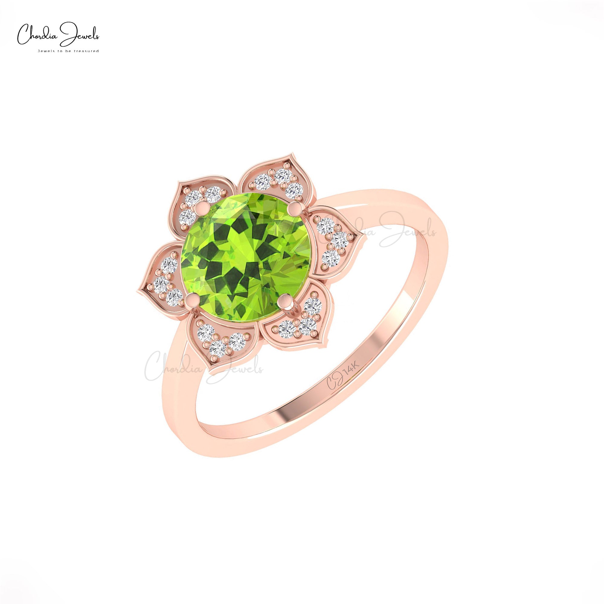 Pure 14k Gold Floral Daisy Ring With 8mm Peridot And Diamond Halo Anniversary Rings