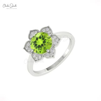 Pure 14k Gold Floral Daisy Ring With 8mm Peridot And Diamond Halo Anniversary Rings