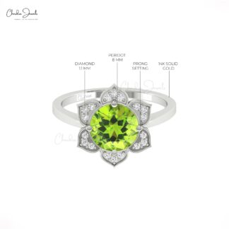 Pure 14k Gold Floral Daisy Ring With 8mm Peridot And Diamond Halo Anniversary Rings
