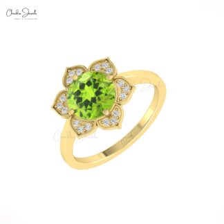 Pure 14k Gold Floral Daisy Ring With 8mm Peridot And Diamond Halo Anniversary Rings