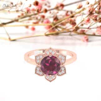 Blossom Floral Women Ring In 14k Solid Gold Rhodolite Garnet G-H Diamond Halo Rings