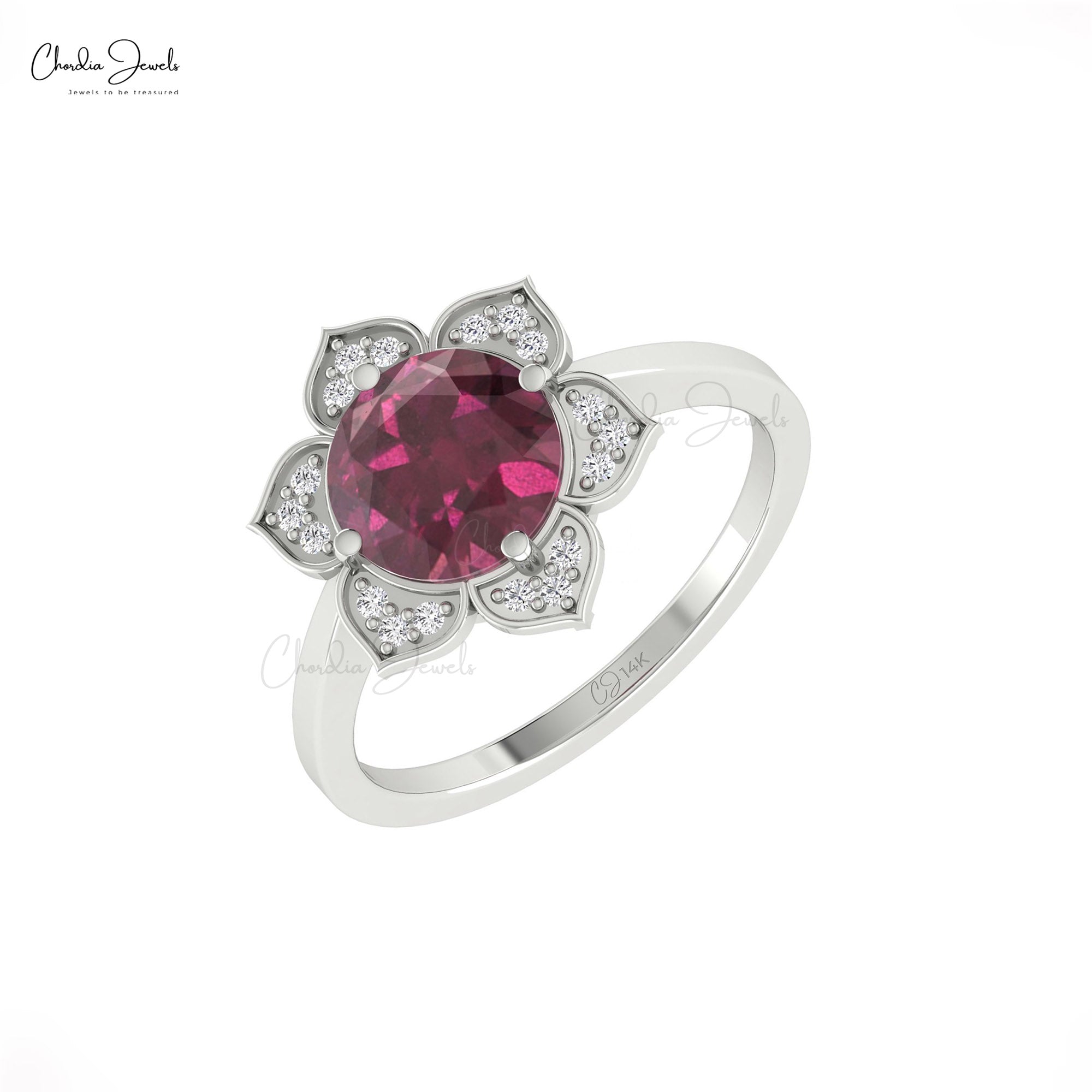 Blossom Floral Women Ring In 14k Solid Gold Rhodolite Garnet G-H Diamond Halo Rings