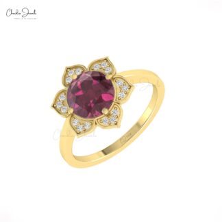 Blossom Floral Women Ring In 14k Solid Gold Rhodolite Garnet G-H Diamond Halo Rings