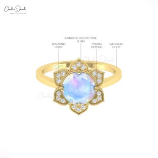 Real 14k Gold Floral Ring With 8mm Round Rainbow Moonstone Halo Diamond Proposal Rings