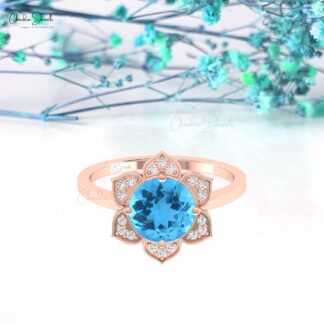 Halo Swiss Blue Topaz Ring With 1.5 Ct Gemstone And Diamond Floral Rings In 14k Real Gold